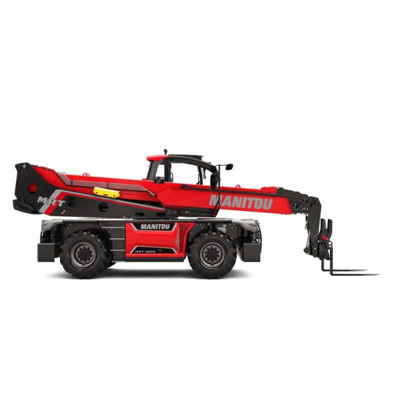sollevatore telescopico rotativo da 22 mt Manitou rosso e nero